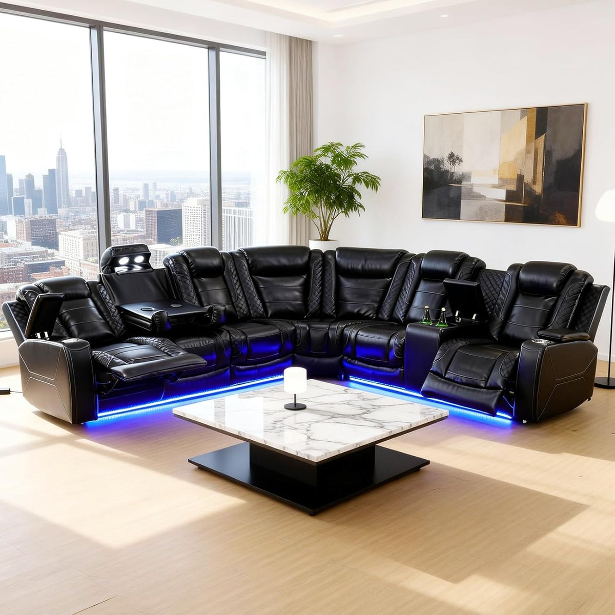 Power Reclining Sectional Sofa for Living Room,Modern L-Shaped Black Air Leather Sectional Couch Set,Recliner Sofa Set,With LED Lights,Cup Holder,Storage,Charging Ports,Home Theater Seat