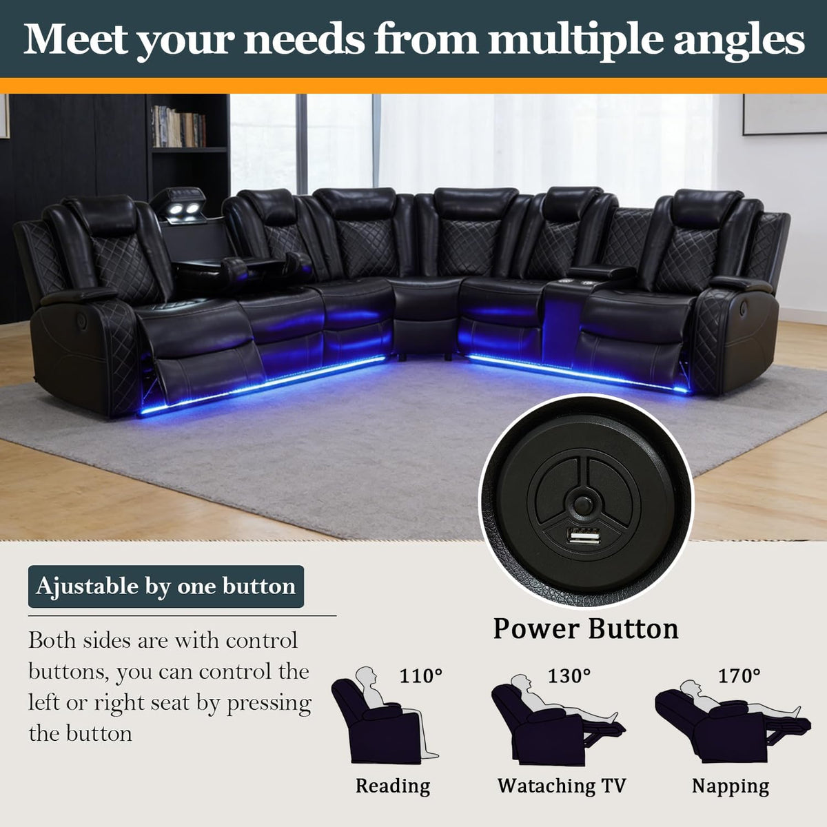 Power Recliner Sectional Sofa Set, Black Leather Sectional Couch and Loveseat for Living Room, L Shape Reclining Sofa with Cup Holder, Hidden Storage, Coffee Table for House(8 Seat)