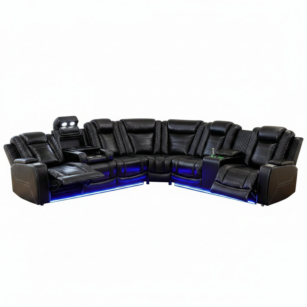 Power Reclining Sectional Sofa for Living Room,Modern L-Shaped Black Air Leather Sectional Couch Set,Recliner Sofa Set,With LED Lights,Cup Holder,Storage,Charging Ports,Home Theater Seat