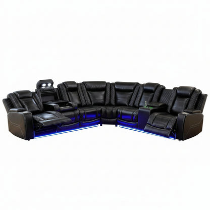 Power Reclining Sectional Sofa for Living Room,Modern L-Shaped Black Air Leather Sectional Couch Set,Recliner Sofa Set,With LED Lights,Cup Holder,Storage,Charging Ports,Home Theater Seat