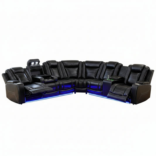 Power Reclining Sectional Sofa for Living Room,Modern L-Shaped Black Air Leather Sectional Couch Set,Recliner Sofa Set,With LED Lights,Cup Holder,Storage,Charging Ports,Home Theater Seat
