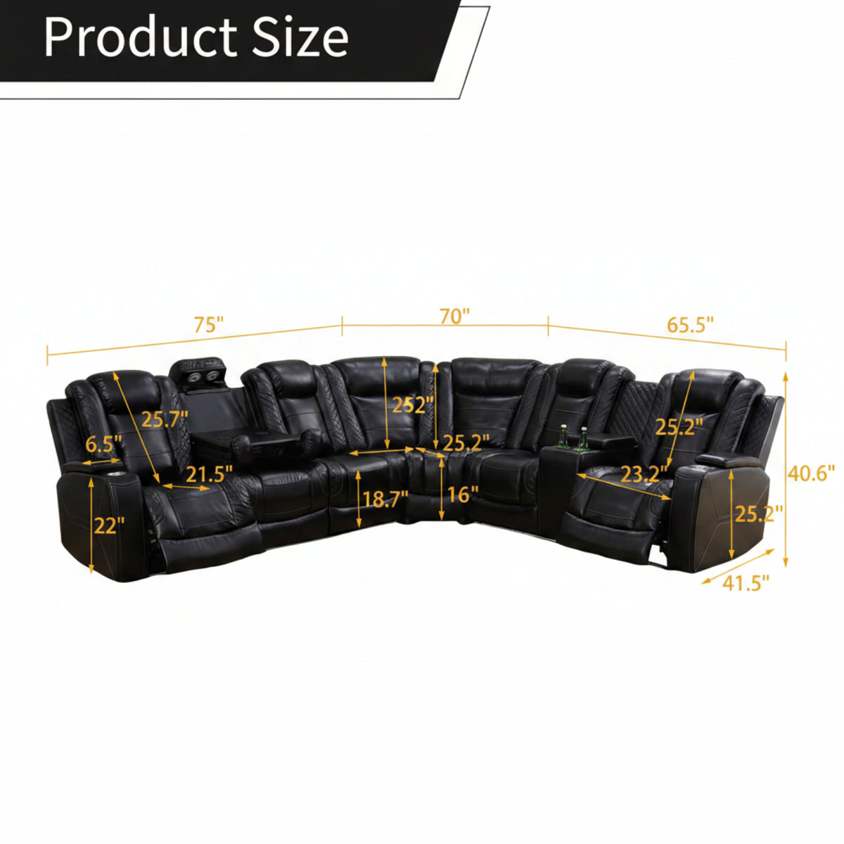 Power Reclining Sectional Sofa for Living Room,Modern L-Shaped Black Air Leather Sectional Couch Set,Recliner Sofa Set,With LED Lights,Cup Holder,Storage,Charging Ports,Home Theater Seat