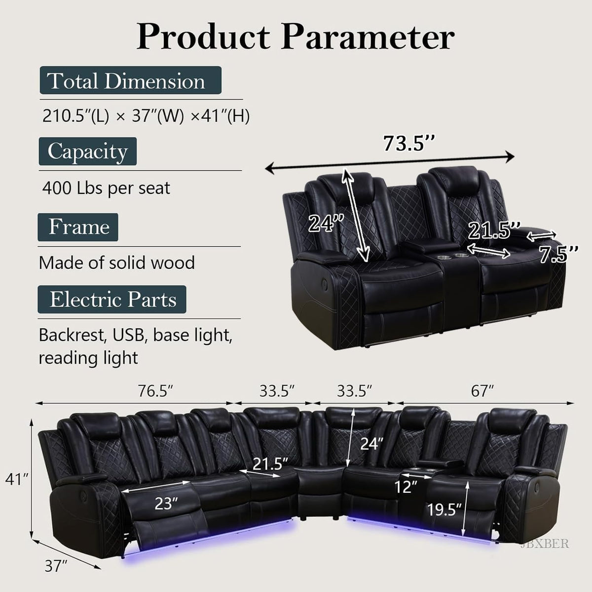 Power Recliner Sectional Sofa Set, Black Leather Sectional Couch and Loveseat for Living Room, L Shape Reclining Sofa with Cup Holder, Hidden Storage, Coffee Table for House(8 Seat)