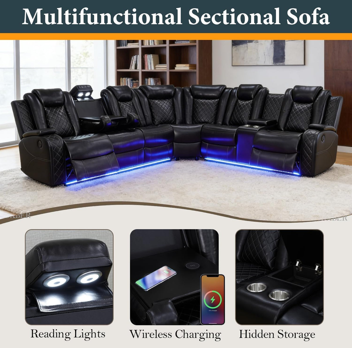Power Recliner Sectional Sofa Set, Black Leather Sectional Couch and Loveseat for Living Room, L Shape Reclining Sofa with Cup Holder, Hidden Storage, Coffee Table for House(8 Seat)