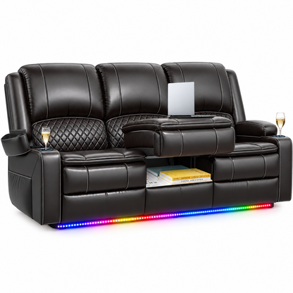 3 Seater Reclining Sofa, Recliner Sofa with Liftable Console (Pu, Brown)