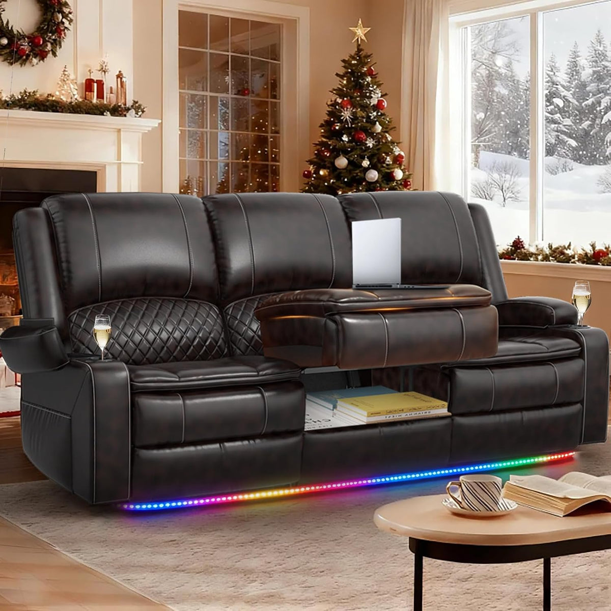 3 Seater Reclining Sofa, Recliner Sofa with Liftable Console (Pu, Brown)