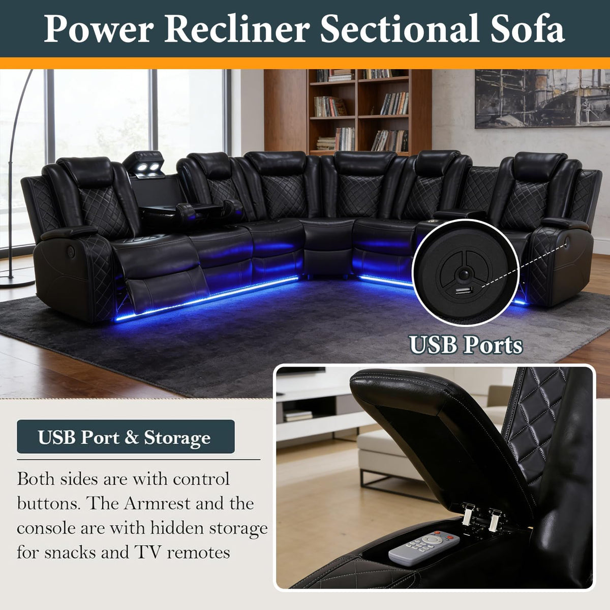 Power Recliner Sectional Sofa Set, Black Leather Sectional Couch and Loveseat for Living Room, L Shape Reclining Sofa with Cup Holder, Hidden Storage, Coffee Table for House(8 Seat)