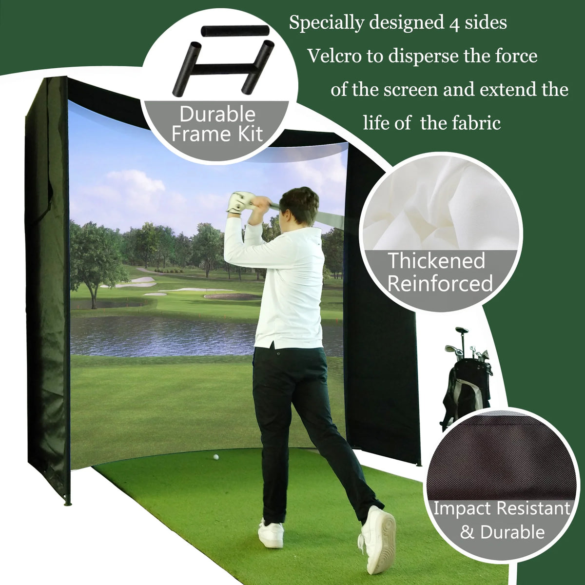DIY Golf Simulator Impact Screen Frame Enclosure Kit Set, Use with Simulators, Durable Fabric with Velcro, Reinforced Black Border, 9.8'X9.8'X4.9'