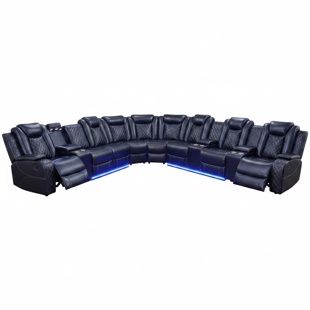 Power Recliner Sectional Sofa Set, Black Leather Sectional Couch and Loveseat for Living Room, L Shape Reclining Sofa with Cup Holder, Hidden Storage, Coffee Table for House(8 Seat)