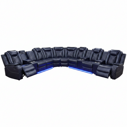 Power Recliner Sectional Sofa Set, Black Leather Sectional Couch and Loveseat for Living Room, L Shape Reclining Sofa with Cup Holder, Hidden Storage, Coffee Table for House(8 Seat)
