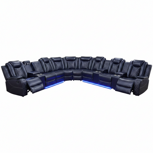 Power Recliner Sectional Sofa Set, Black Leather Sectional Couch and Loveseat for Living Room, L Shape Reclining Sofa with Cup Holder, Hidden Storage, Coffee Table for House(8 Seat)